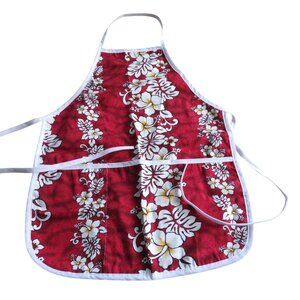 Hawaiian-Style Red Floral Apron White Trim Dual Front Pockets Adjustable Tie